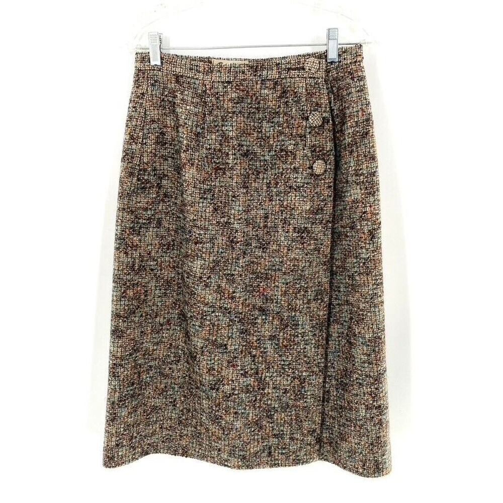 Suzanne Vintage Tweed Wrap Pencil Skirt Sz Small Brown‎ Multicolor Wool Blend